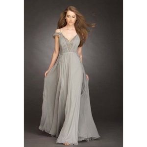 Mikael Aghal Silver-Gray Chiffon Maxi Gown with Embellished V-Neck